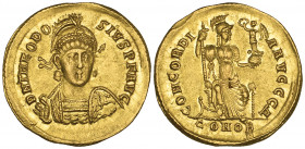Theodosius II (402-450), solidus, Constantinople, 402-403, helmeted bust facing three-quarters right, holding spear and shield, rev., CONCORDI-A AVGGG...
