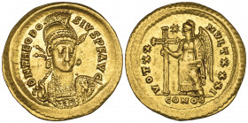 Theodosius II (402-450), solidus, Constantinople, 423-4, helmeted bust facing three-quarters right, holding spear and shield, rev., VOT XX MVLT XXX I,...