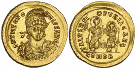 Theodosius II (402-450), solidus, Constantinople, 425-9, helmeted bust facing three-quarters right, rev., SALVS REI PUBLICAE B, two emperors nimbate e...