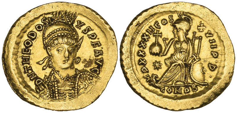 Theodosius II (402-450), solidus, Constantinople, 443-450, helmeted bust facing ...