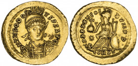 Theodosius II (402-450), solidus, Constantinople, 443-450, helmeted bust facing three-quarters right, rev., IMP XXXX II COS XVII P P, Constantinopolis...
