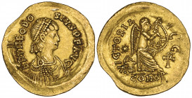 Theodosius II (402-450), semissis, Constantinople, 420-2, diademed, draped and cuirassed bust right, rev., VICTORIA AVGG, Victory seated right, inscri...