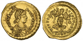 Theodosius II (402-450), tremissis, Constantinople, 439, diademed, draped and cuirassed bust right, rev., VICTORIA AVGVSTORVM, Victory advancing right...