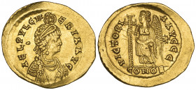 Aelia Pulcheria, sister of Theodosius II, solidus, Constantinople, 450-7, AEL PVLCH-ERIA AVG, diademed and draped bust right, Manus Dei above, rev., V...