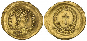 Aelia Pulcheria, sister of Theodosius II, tremissis, Constantinople, 425-9, AEL PVLCH-ERIA AVG, diademed, draped and cuirassed bust right, rev., cross...