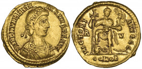 Valentinian III (425-455), solidus, Ravenna, 430-445, diademed, draped and cuirassed bust right, rev., VICTORI-A AVGGG, emperor standing facing, holdi...