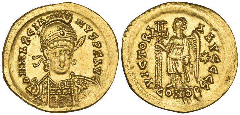 Marcian (450-457), solidus, Constantinople, 450, helmeted bust, facing with spea...