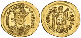Marcian (450-457), solidus, Constantinople, 450, helmeted bust, facing with spear and shield, rev., VICTORI-A AVGGG S, Victory standing left holding l...