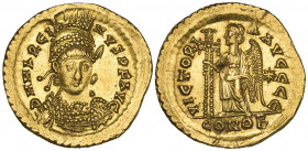 Marcian (450-457), solidus, Constantinople, 450, helmeted bust, facing with spear and shield, rev., VICTORI-A AVGGG E, Victory standing left holding l...