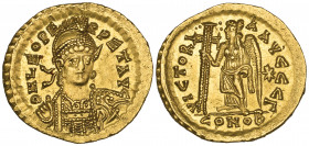 Leo I (457-474), solidus, Constantinople, 462-466, helmeted bust, facing with spear and shield, rev., VICTORI-A AVGGG Γ, Victory standing left holding...