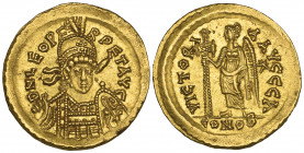 Leo I (457-474), solidus, Constantinople, 462-466, helmeted bust, facing with spear and shield, rev., VICTORI-A AVGGG A, Victory standing left holding...