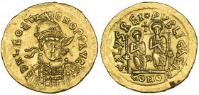 Leo II and Zeno (474), solidus, Constantinople, D N LEO ET Z-ENO PP AVG, helmeted bust, facing with spear and shield, rev., SALVS REI PVBLICAE A, two ...
