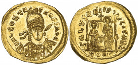 Leo II and Zeno (474), solidus, Constantinople, D N LEO ET Z-ENO PP AVG, helmeted bust, facing with spear and shield, rev., SALVS REI PVBLICAE E, two ...