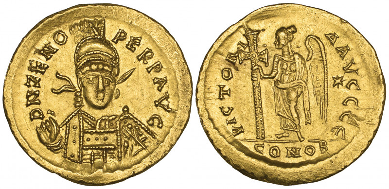 Zeno, Second Reign (476-491), solidus, Constantinople, helmeted bust, facing wit...