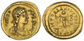 Zeno, Second Reign (474-491), tremissis, Constantinople, diademed, draped and cuirassed bust right, rev., VICTORA AVGVSTORVM (sic), Victory advancing ...