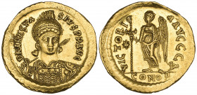 Anastasius I (491-518), solidus, Constantinople, 507-518, facing bust, rev., Victory standing left holding inverted Christogram-topped staff; officina...