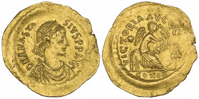 Anastasius I (491-518), semissis, Constantinople, 512-518, diademed bust right, rev., Victory seated right, inscribing XXXX on shield; on right Christ...