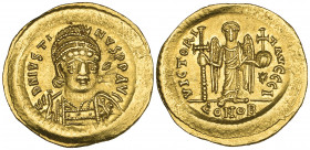 Justin I (518-527), solidus, Constantinople, 522-527, facing bust, rev., angel standing facing holding long cross and globus cruciger; officina I; in ...