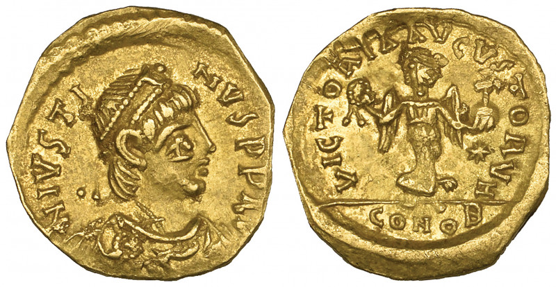 Justin I (518-527), tremissis, Constantinople, diademed bust right, rev., Victor...