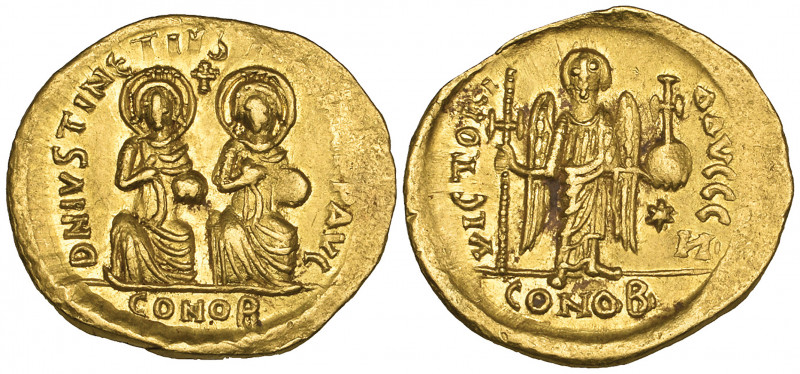 Justin I and Justinian I (527), solidus, Constantinople, emperors seated facing ...