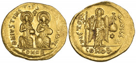 Justin I and Justinian I (527), solidus, Constantinople, emperors seated facing with a cross between their heads, both right knees advance; in ex., CO...