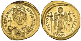 Justinian I (527-565), solidus, Constantinople, 537-542, facing bust holding globus cruciger, rev., angel standing facing holding long cross and globu...