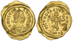 Justinian I (527-565), tremissis, Constantinople, diademed bust right, rev., Victory advancing right holding wreath and globus cruciger; in ex., CONOB...