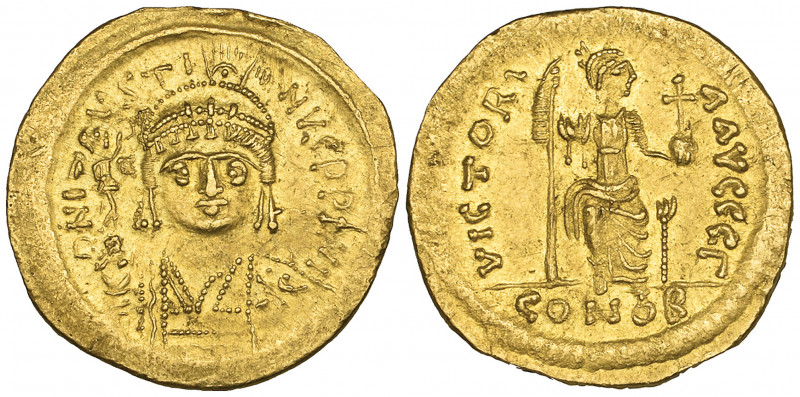 Justin II (565-578), solidus, Constantinople, 567-578, facing bust holding globe...