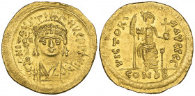 Justin II (565-578), solidus, Constantinople, 567-578, facing bust holding globe surmounted by Victory, rev., Constantinopolis seated holding globus c...