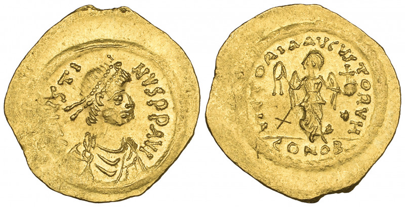 Justin II (565-578), tremissis, Constantinople, diademed bust right, rev., Victo...