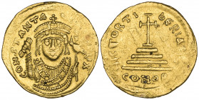 Tiberius II Constantine (578-582), solidus, Constantinople, 579, facing bust wearing consular robes, holding mappa and sceptre, rev., cross potent on ...