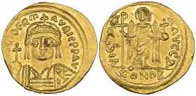 Maurice Tiberius (582-602), solidus, Constantinople, 582-583, facing bust holding globus cruciger and shield, rev., angel standing facing holding Chri...