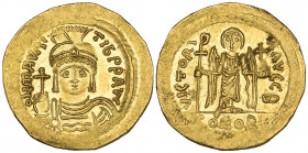 Maurice Tiberius (582-602), solidus, Constantinople, 584-602, facing bust holding globus cruciger, rev., angel standing facing holding Christogram-top...