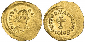 Maurice Tiberius (582-602), tremissis, Constantinople, diademed bust right, rev., cross potent; in ex., CONOB, 1.50g (DO 14; S. 488; MIB 20), extremel...