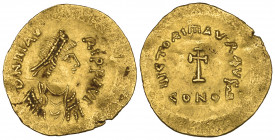 Maurice Tiberius (582-602), tremissis, Constantinople, diademed bust right, rev., cross potent; in ex., CONOB, 1.50g (S. 488b; MIB 19), extremely fine...