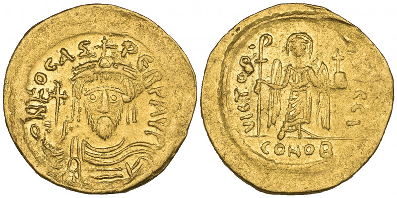 Phocas (602-610), solidus, Constantinople, 603, facing bust wearing pendilia, ho...