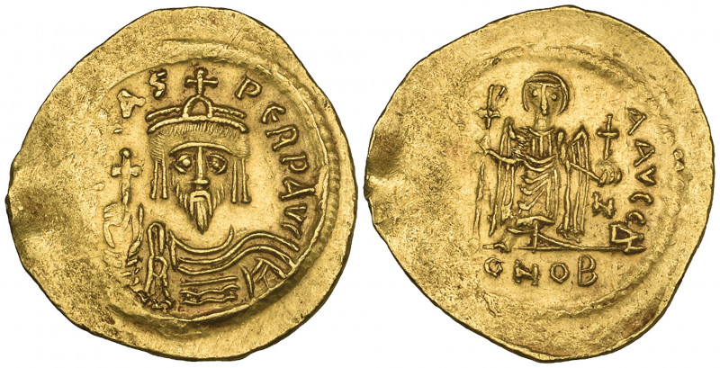 Phocas (602-610), solidus, Constantinople, 603, facing bust wearing pendilia, ho...