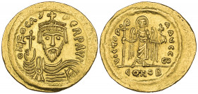 Phocas (602-610), solidus, Constantinople, 604-607, facing bust holding globus cruciger, rev., angel standing facing holding Christogram-topped staff ...