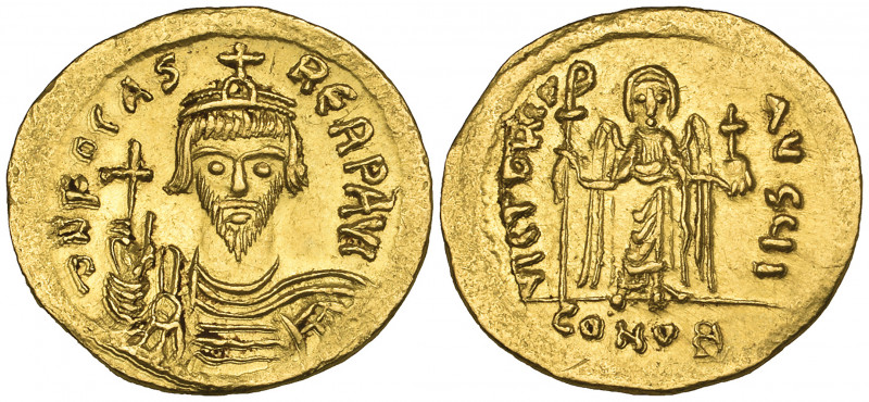 Phocas (602-610), solidus, Constantinople, 607-609, facing bust holding globus c...