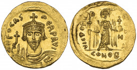 Phocas (602-610), solidus, Constantinople, 607-609, facing bust holding globus cruciger, rev., angel standing facing holding Christogram-topped staff ...