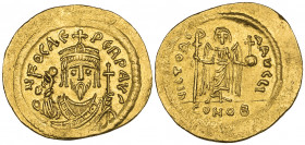 Phocas (602-610), solidus, Constantinople, 603, facing bust wearing consular robes with pendilia, holding mappa and cross, rev., angel standing facing...
