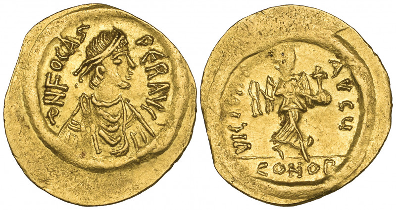 Phocas (602-610), semissis, Constantinople, diademed bust right, rev., Victory a...