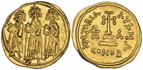 Heraclius (610-641), solidus, Constantinople, standing figures of Heraclius between Heraclius Constantine and Heraclonas, rev., cross potent on three ...