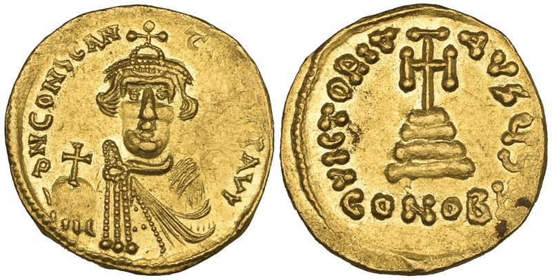 Constans II (641-668), solidus, Constantinople, facing bust holding globus cruci...