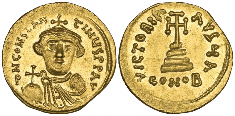 Constans II (641-668), solidus, Constantinople, facing bust holding globus cruci...