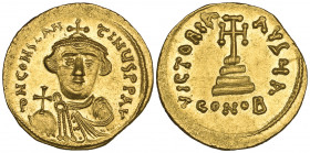 Constans II (641-668), solidus, Constantinople, facing bust holding globus cruciger, rev., cross potent on three steps; officina A; in ex., CONOB, 4,4...
