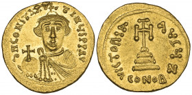Constans II (641-668), solidus, Constantinople, facing bust holding globus cruciger, rev., cross potent on three steps; officina N; in ex., CONOB, 4,5...