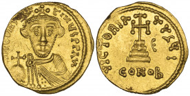 Constans II (641-668), solidus, Constantinople, facing bust holding globus cruciger, rev., cross potent on three steps; in right field, E; officina I;...