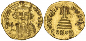 Constans II (641-668), solidus, Constantinople, facing bust holding globus cruciger, rev., cross potent on three steps; officina Γ; in ex., CONOB, 4,3...