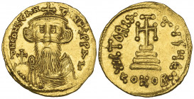 Constans II (641-668), solidus, Constantinople, facing bust holding globus cruciger, rev., cross potent on three steps; officina E; in ex., CONOB+, 4,...